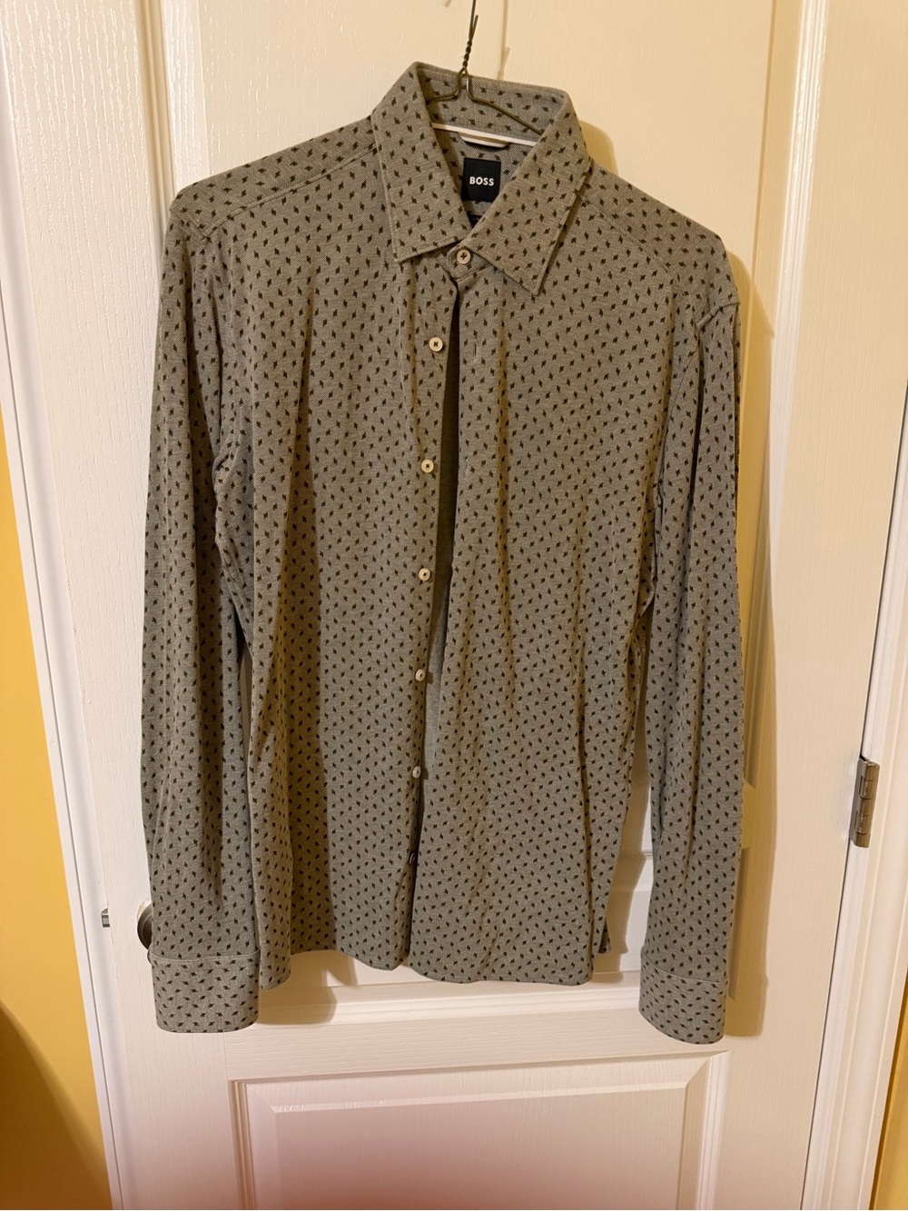 BOSS Men's Light Gray Patterned Long-Sleeve Dress Shirt